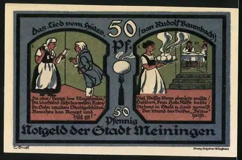 Notgeld Meiningen 1921, 50 Pfennig, Frau Holle übergibt ihr Rezept, die Kartoffelklösse werden serviert