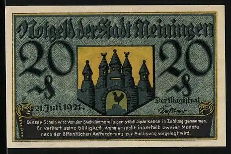 Notgeld Meiningen 1921, 20 Pfennig, Wappen mit Stadtmauer und Hahn