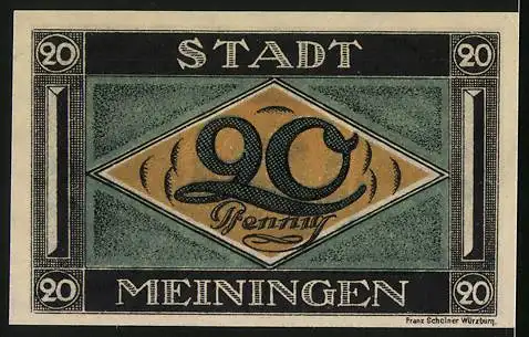 Notgeld Meiningen 1921, 20 Pfennig, Wappen mit Stadtmauer und Hahn