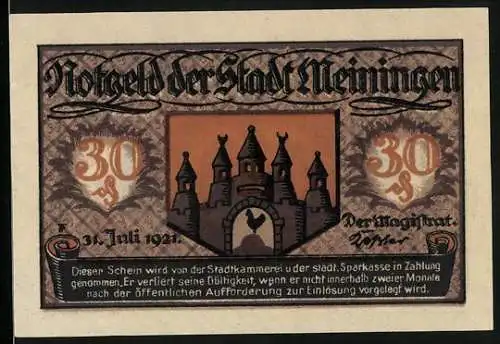 Notgeld Meiningen 1921, 30 Pfennig, Wappen mit Hahn und Stadtmauer