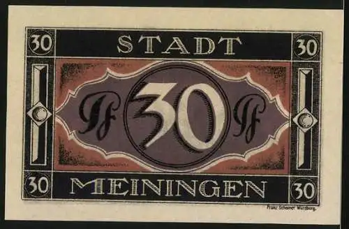 Notgeld Meiningen 1921, 30 Pfennig, Wappen mit Hahn und Stadtmauer