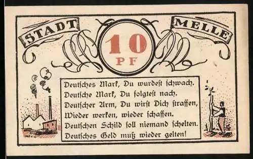 Notgeld Melle 1921, 10 Pfennig, Gedicht zum Stammbaum des Geldes