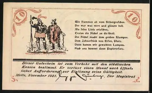 Notgeld Melle 1921, 10 Pfennig, Gedicht zum Stammbaum des Geldes