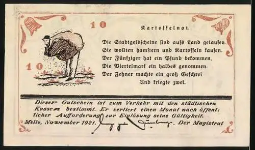 Notgeld Melle 1921, 10 Pfennig, Gedicht zur Kartoffelnot