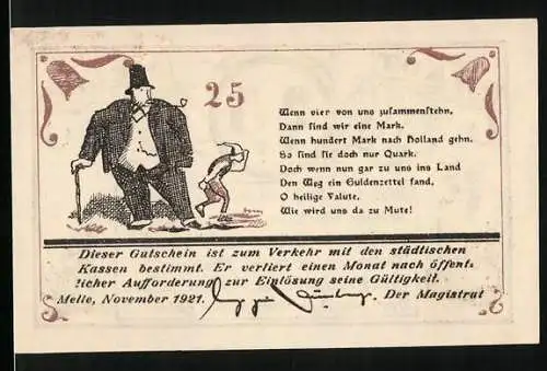 Notgeld Melle 1921, 25 Pfennig, Grosser Mann mit Pfeife und Zylinder