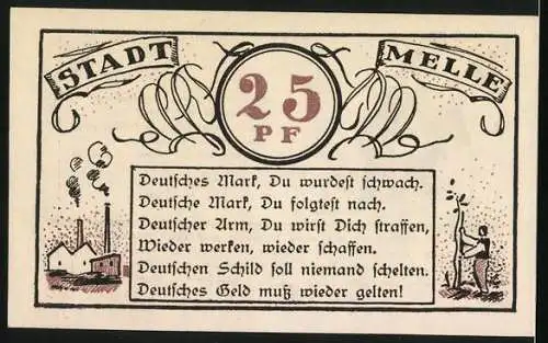 Notgeld Melle 1921, 25 Pfennig, Grosser Mann mit Pfeife und Zylinder