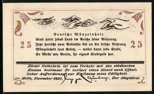 Notgeld Melle 1921, 25 Pfennig, Hand greift nach Geldscheinen