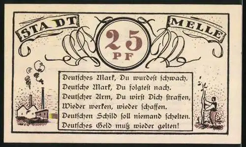 Notgeld Melle 1921, 25 Pfennig, Hand greift nach Geldscheinen