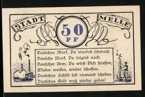 Notgeld Melle 1921, 50 Pfennig, Mann mit einem Sack Geld