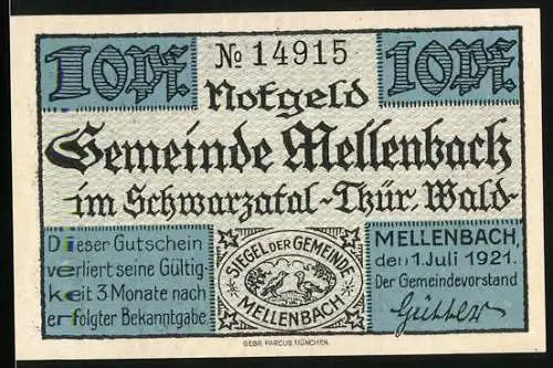 Notgeld Mellenbach 1921, 10 Pfennig, Flussbiegung im Schwarzatal