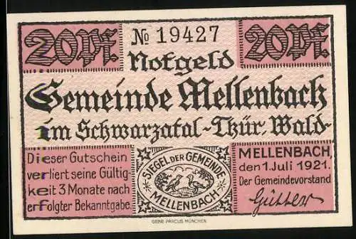 Notgeld Mellenbach 1921, 20 Pfennig, Flusspanorama im Schwarzatal