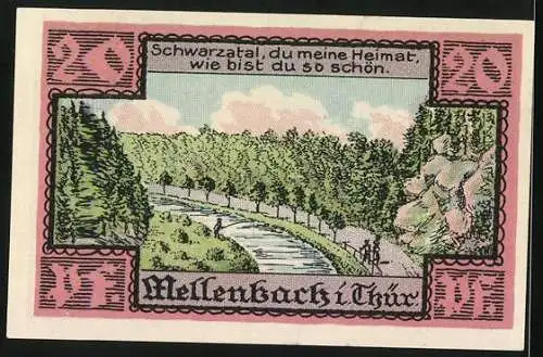 Notgeld Mellenbach 1921, 20 Pfennig, Flusspanorama im Schwarzatal