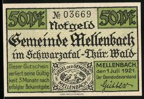 Notgeld Mellenbach 1921, 50 Pfennig, Flussansicht im Schwarzatal