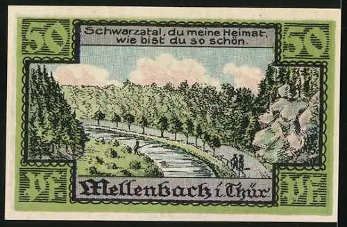 Notgeld Mellenbach 1921, 50 Pfennig, Flussansicht im Schwarzatal