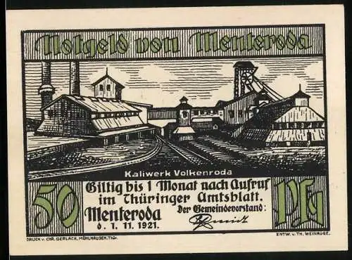 Notgeld Menteroda 1921, 50 Pfennig, Das Kaliwerk Volkenroda, Bergmanns-Symbolik