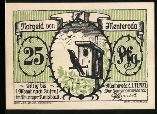 Notgeld Menteroda 1921, 25 Pfennig, Landschaft mit Füchsen und Wölfen, Vogelhaus