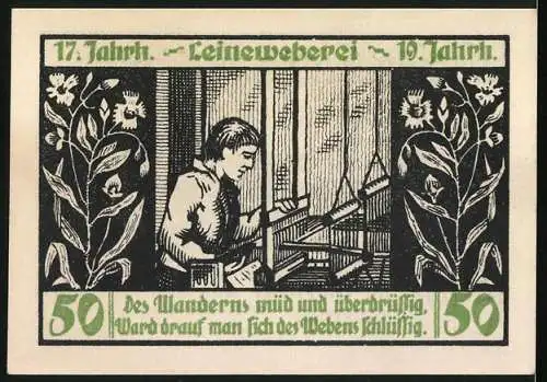 Notgeld Menteroda 1921, 50 Pfennig, Kaliwerk Volkenroda, Mann am Webstuhl
