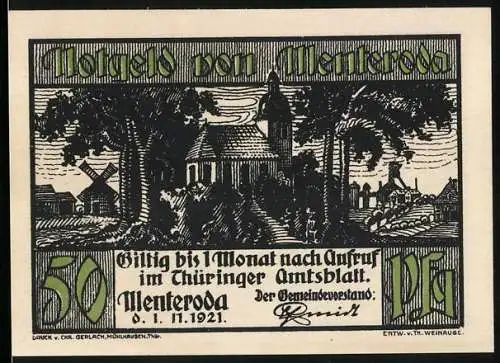 Notgeld Menteroda 1921, 50 Pfennig, Ansicht der Kirche, Bauer bei der Saat