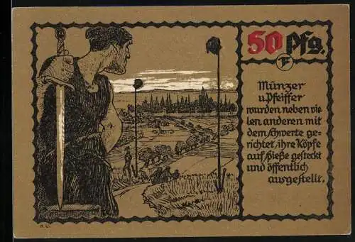 Notgeld Mühlhausen 1921, 50 Pfennig, Die Köpfe von Münzern und Pfeiffern auf Lanzen