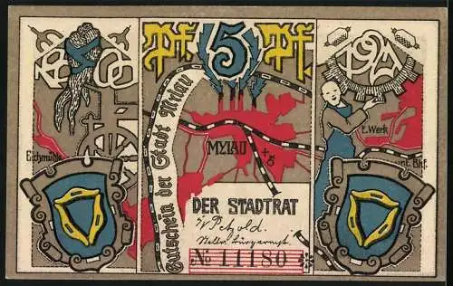 Notgeld Mylau 1921, 5 Pfennig, Textilherstellung, Schlosskapelle, Karte