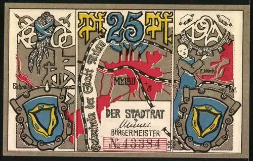Notgeld Mylau 1921, 25 Pfennig, Mann und Frau beim Weben, Karte