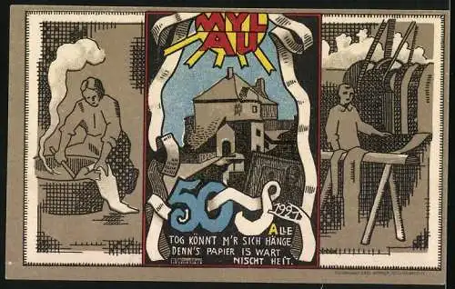 Notgeld Mylau 1921, 50 Pfennig, Frau beim Beizen, Mann beim Pressen, Karte