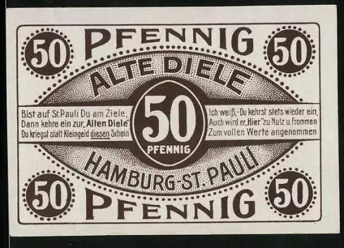Notgeld Hamburg-St. Pauli, 50 Pfennig, Ritter in Rüstung, Gutschein für die Alte Diele