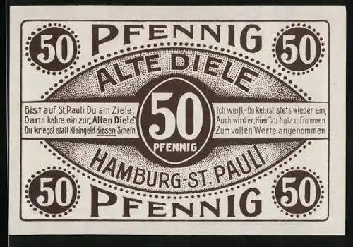 Notgeld Hamburg-St. Pauli, 50 Pfennig, Mann im Zylinder verkauft Ware aus einem Korb