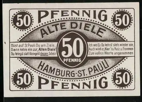 Notgeld Hamburg-St. Pauli, 50 Pfennig, Mann im weissen Anzug neben dem Briefträger