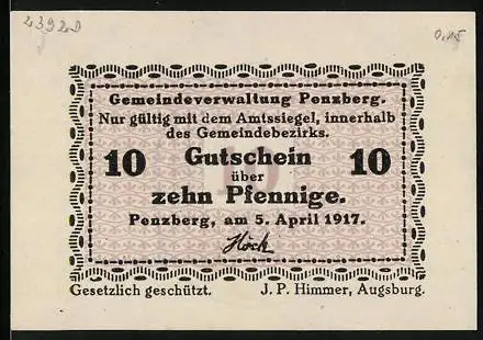 Notgeld Penzberg 1917, 10 Pfennig, gedruckt von J. P. Himmer, Augsburg