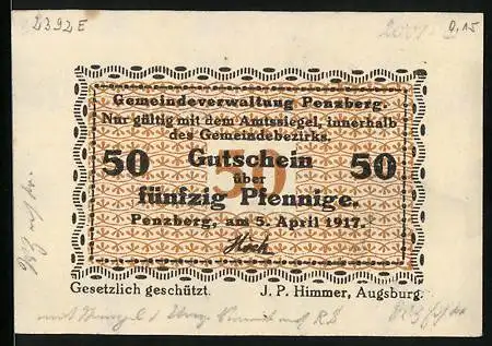 Notgeld Penzberg 1917, 50 Pfennig, gedruckt von J. P. Himmer, Augsburg