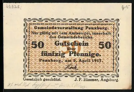 Notgeld Penzberg 1917, 50 Pfennig, gedruckt von J. P. Himmer, Augsburg