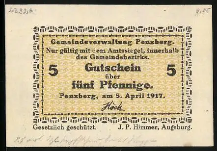 Notgeld Penzberg 1917, 5 Pfennig, gedruckt von J. P. Himmer, Augsburg
