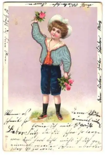 Stoff-Präge-AK Junger Knabe mit Rosen und einer Jacke aus Stoff