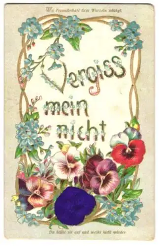 Stoff-Präge-AK Freundschaftskarte mit Blumenarrangement, eine Blüte aus Stoff