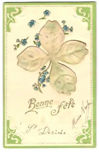 Stoff-Präge-AK Glückwunschkarte mit grossem Glücksklee aus Stoff