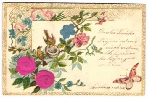Stoff-Präge-AK Vögel nisten auf einem Rosenzweig, zwei Blüten aus Stoff