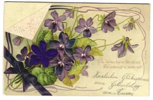 Stoff-Präge-AK Ein Veilchen-Strauch, eine Blüte aus Stoff