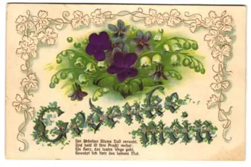 Stoff-Präge-AK Blumenornament mit purpurnen Blüten aus echtem Stoff