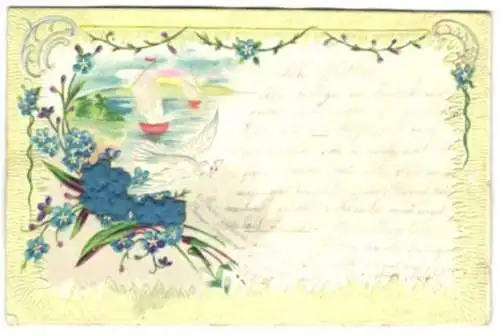 Stoff-Präge-AK Seenpartie im Passepartout mit Vergissmeinnicht, einige Blüten aus Stoff