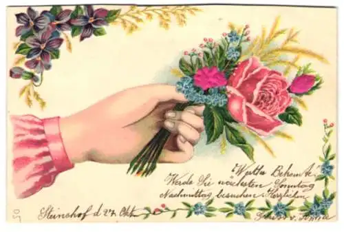 Stoff-Präge-AK Hand hält geprägten Blumenstrauss mit Ähren, Rosenknospen aus Stoff