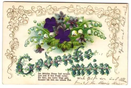 Stoff-Präge-AK Blumenornament mit purpurnen Blüten aus echtem Stoff