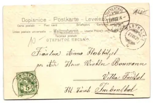 Stoff-Präge-AK Vergissmeinnicht um eine goldene Scheibe, einige Blüten aus Stoff