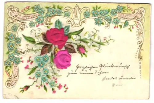 Stoff-Präge-AK Blumengesteck mit zwei Rosen aus Stoff