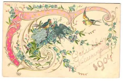 Stoff-Präge-AK Schwalben auf einem Strauch Vergissmeinnicht, einige Blüten aus Stoff