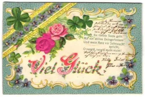 Stoff-Präge-AK Rosenzweig mit vierblättrigen Kleeblättern