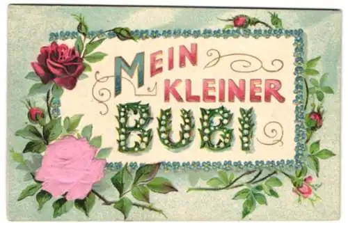 Stoff-Präge-AK Grusskarte Mein kleiner Bubi mit Blumen-Rahmen, eine Rose aus Stoff