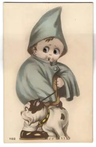 Glasaugen-AK Kind im regenmantel mit Hund
