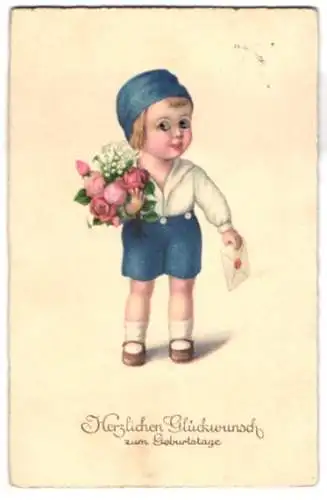 Glasaugen-AK Kind mit Brief und Blumen