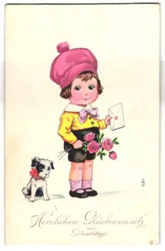 Glasaugen-AK Mädchen mit Brief und Hund